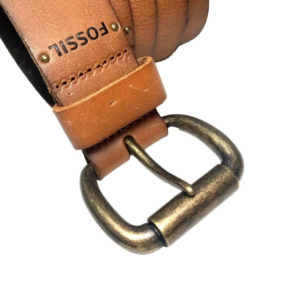 Fossil Mens Tan Genuine Leather Studded Belt Roller Buckle Size M Casual